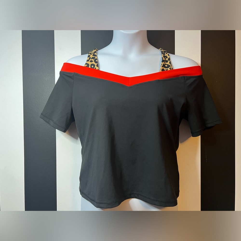 New York & Company Black Off-Shoulder Top with Red Trim & Leopard Accents; SZ XL